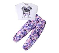 KONFEN 2 Pezzi Completo Ragazze, Hip Hop Crop Tank Top + Pantaloni Mimetici con Tasca, Completo Bambina Vestiti Manica Corta T-shirt e Pantaloni Jogger Vita Elasticizzata per 5-6 Anni, Viola