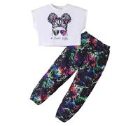 KONFEN 2 Pezzi Completo Ragazze, Hip Hop Crop Tank Top + Pantaloni Mimetici con Tasca, Completo Bambina Vestiti Manica Corta T-shirt e Pantaloni Jogger Vita Elasticizzata per 6-7 Anni, Nero