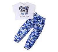 KONFEN 2 Pezzi Completo Ragazze, Hip Hop Crop Tank Top + Pantaloni Mimetici con Tasca, Completo Bambina Vestiti Manica Corta T-shirt e Pantaloni Jogger Vita Elasticizzata per 5-6 Anni, Blu
