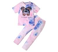 KONFEN 2 Pezzi Completo Ragazze, Tie-dye Hip Hop Colorato Top + Pantaloni, Completo Bambina Vestiti Manica Corta T-shirt e Pantaloni Jogger Vita Elasticizzata Estate Autunno per 8-9 Anni, Rosa e Blu