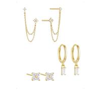 KONFEN 3 Paia Orecchini e Orecchio a Bottone Catena Da Donna, Orecchini Cerchio Piccoli Forma Fiore Piercing Helix Con Zirconi Brillanti Pendenti, Minimalisti Ipoallergenici Orecchio Gioielli, Oro