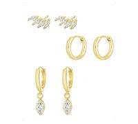 KONFEN 3 Paia Orecchini e Orecchio A Bottone Set Donna Oro Placcato 14K, Orecchini Cerchio Piccoli Forma Piuma Con Pendenti Foglia E Zirconi Brillanti, Elegant Lpoallergenico Orecchio Gioielli, Oro