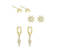 KONFEN 3 Paia Orecchini e Orecchio a Bottone Set Donna Oro Placcato 14K, Orecchini Cerchio Stella Luna Fulmine Pendenti Piercing Helix Con Zirconi Brillanti, Lpoallergenico Orecchio Gioielli, Oro