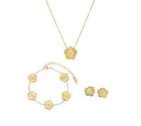 KONFEN 3 Pezzi Bracciale Donna Collana Orecchini Quadrifoglio a Cinque Foglie Set, Titanio Placcato Oro 18K Bracciali Regolabile Portafortuna Braccialetto Gioiello Elegante Moda Ragazze, Oro