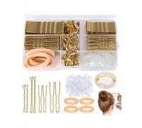 KONFEN 385 pezzi Forcine per capelli da donna Forcine in metallo, 5/6/7 cm U per chignon a rete Chouchou Accessori per capelli, elastici trasparenti, scatola portaoggetti, dorato