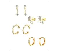 KONFEN 4 Paia Orecchini e Orecchio A Bottone Set Donna Oro Placcato 18K, Orecchini Cerchio Piccoli Piuma Aperta Piercing Helix Con Zirconi Brillanti, Minimalisti Lpoallergenico Orecchio Gioielli, Oro