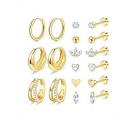 KONFEN 9 Paia Orecchini a Bottone Set Donna Acciaio Inossidabile, Piercing Orecchio Cartilagine Cerchio Fiocco Cuore Foglia Acero Ellisse Zirconi Chunky Doppio Tragus Helix Ipoallergenici, Oro