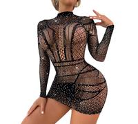 KONFEN Calze Autoreggenti Signore Lingerie, Rete Bodysuit Manica Lunga Strass Reggicalze Pizzo Biancheria, Intima Sexy Mini Abito Clubwear Babydoll Abiti Intima, Nero, Taglia Unica