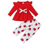 KONFEN Completo Neonata 2 Pezzi, Neonato Vestiti Coccinella Maniche Lunga Top con Volant con Nodo a Fiocco + Pantaloni 2 Pz Set, Neonato T-shirt Pantaloni Set Rosso per Bambina Unisex 18-24 Mesi