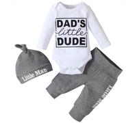 KONFEN Completo Neonata 3 Pezzi, Dad's Little Dude Neonato Vestiti Maniche Lunga Body + Pantaloni Elastico in Vita + Cappello per Bambino 3 Pz Set per 9-12 Mesi