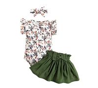 KONFEN Completo Neonata 3 Pezzi, Neonato Vestiti Estivo Maniche Corte Floreale Pagliaccetto + Gonna + Fascia per Bambina 3 Pz Set per 9-12 Mesi