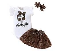 KONFEN Completo Neonata 3 Pezzi, Neonato Vestiti Estivo Maniche Corte Pagliaccetto + Stampa Leopardo Maglia Gonna + Fascia per Bambina 3 Pz Set per 9-12 Mesi