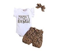 KONFEN Completo Neonata 3 Pezzi, Neonato Vestiti Estivo Maniche Corte Stampa Leopardo Pagliaccetto + Pantaloncini + Fascia per Bambina 3 Pz Set per 18-24 Mesi