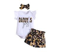 KONFEN Completo Neonata 4 Pezzi, Neonato Vestiti Estivo Maniche Corte Stampa Leopardo Pagliaccetto + Pantaloncini + Fascia + Cintura per Bambina 4 Pz Set per 18-24 Mesi