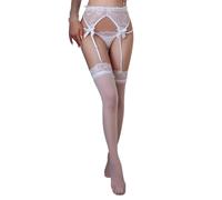 KONFEN Reggicalze con Calze Altezza Coscia in Pizzo, Intimo Erotico Regolabile con Fiocco Decorativo, Giarrettiere e Reggicalze con Floreale Perizoma per Donne, 2 Pezzi, Bianco, Taglia Unica