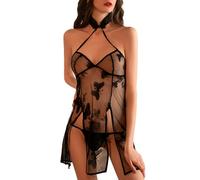 KONFEN Set Completo Intimo Donna, Camicie da Notte Négligé Sexy traslucida con Pizzo Farfalla, Biancheria Intima Seducente Regolabile con Reggiseno a Cavallo e Mutandine, Taglia Unica (Nero/Rosso)