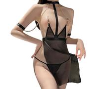 KONFEN Set Completo Intimo Donna, Sexy Catene fermacapezzoli Camicie Biancheria Reggiseni Trasparente in Pizzo a Strappo, Seducente Aperto Reggiseno e Mutandine SM, Taglia Unica (Nero/Rosso)