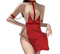 KONFEN Set Completo Intimo Donna, Sexy Catene fermacapezzoli Camicie Biancheria Reggiseni Trasparente in Pizzo a Strappo, Seducente Aperto Reggiseno e Mutandine SM, Taglia Unica (Nero/Rosso)