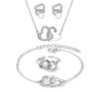 KONFEN Set di Gioielli da Donna, 4 Pezzi di Gioielli Scintillanti da Sposa, Collana Regolabile a Forma di Doppio Amore Orecchini e Braccialetto, Regali di Compleanno e Matrimonio, Argento