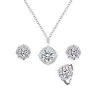 KONFEN Set di Gioielli da Donna, Collana con Ciondolo Orecchini e Anello con Strass, Anello con Strass da 5 Carati, Collane Anelli Regolabile Regalare per Ragazze, Argento