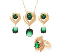 KONFEN Set di Gioielli Donna con Zirconi Cubici Smeraldo, Collana Orecchino Set Anello Circondato da un Modello di Covone di Grano Lunghezza Catena Regolabile, Set di Gioielli a Foglia, Verde