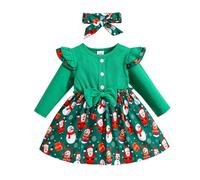 KONFEN Vestito Bambina a Maniche Lunghe - Ruffle Manica Lunga Abito Natale con Fiocco + Fascia 2 Pezzi Set, Vestito Natale Bambina Abito Neonata Natalizio Abbigliamento per 9-12 Mesi, Natale Modello