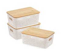 Kongming Scatole Plastica Con Coperchio 3 Pezzi Contenitore Con Bambù Coperchio 5L Cestino Portaoggetti, Bianca Impilabili Organizer Per Bagno, Cucina, Camera Da Letto Ufficio 25 x 18 x 10 cm