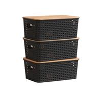 Kongming Scatole Plastica Con Coperchio 3 Pezzi Contenitore Con Bambù Coperchio 5L Cestino Portaoggetti, Impilabili Organizer Per Bagno, Cucina, Camera Da Letto Ufficio 25 x 18 x 10 cm (Nero)