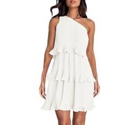 KonJim Abito estivo da donna 2024 monospalla senza maniche con orlo a volant abiti bohémien fluidi con volant a più livelli Midi Beach A-Line Abito casual in chiffon, bianco, S
