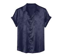 KonJim Camicie da uomo casual in raso di seta jacquard floreale con bottoni top a maniche corte camicie chambray camicie estive da spiaggia camicette, Marina Militare, L