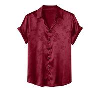 KonJim Camicie da uomo casual in raso di seta jacquard floreale con bottoni top a maniche corte camicie chambray camicie estive da spiaggia camicette, Rosso, L