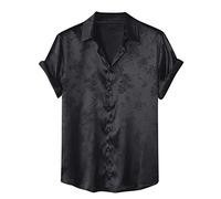 KonJim Camicie da uomo casual in raso di seta jacquard floreale con bottoni top a maniche corte camicie chambray camicie estive da spiaggia camicette, Nero , L
