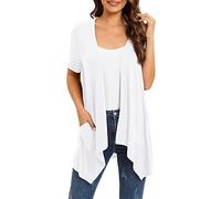 KonJim Cardigan da donna estivo alla moda a maniche corte tinta unita irregolare cardigan top cascata collo scialle fidanzato cardigan drappeggio anteriore aperto orlo irregolare kimono top, bianco, L