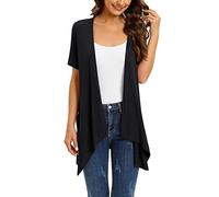 KonJim Cardigan da donna estivo alla moda a maniche corte tinta unita irregolare cardigan top cascata collo scialle fidanzato cardigan drappeggio anteriore aperto orlo irregolare kimono top, Nero , M