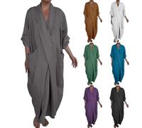 KonJim Maxi abiti da donna in cotone e lino con maniche a 3/4 casual con scollo a V abito lungo caftano taglie forti abito avvolgente premaman increspato con tasche oversize estate fluida boho abiti