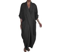 KonJim Maxi abiti da donna in cotone e lino con maniche a 3/4 casual con scollo a V abito lungo caftano taglie forti abito avvolgente premaman increspato con tasche oversize estate fluida boho abiti