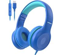KONNAO Cuffie USB tipo C per bambini, con cavo, con microfono, regolabili, 85 dB/94 dB, volume limitato (blu navy/blu)
