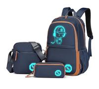 Kono Zaino Luminoso da Scuola 3-in-1 Set, Borsa a Tracolla e Astuccio per Ragazzi, Zaino per Laptop da 15.6" per Studenti Adolescenti Ragazze (Marino)