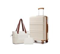 KONO Set di 3 Valigie Trolley Medio 65cm e Borsa Shopper, Crema/Marrone | Rigida e Leggera Valigia in ABS+PC da Stiva, Serratura TSA, 4 Ruote 360° Silenziose, Borsa Shopper Elegante e Borsa Trucco