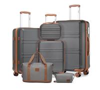 KONO Set di 6 Pezzi Valigie da Viaggio (55/65/74cm) e Beauty Case Rigide Valigia in ABS Trolley con 4 Ruote TSA lucchetto + Borsone da Viaggio Espandibile Palestra + Borsa da Toilette, Grigio/Marrone