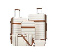KONO Set Valigie 5 Pezzi 55/65/75 cm in ABS+PC, 3 Trolley Rigidi con Borsa da Viaggio 32 L e Borsa Organizer, Set Bagagli con Ruote 360° e Lucchetto TSA (Set 5 Pezzi, Crema/Marrone)