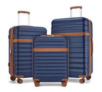 KONO Set Valigie da 3 Pezzi Valigia Bagaglio a Mano Trolley Valige ABS+PC Valigia 55cm + Valigia 65cm + Valigia 75cm con 4 Ruote e TSA Lucchetto, Marina Militare/Marrone