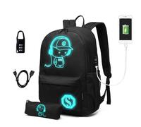KONO Zaino Scuola Luminoso con Glow in the Dark e Serratura a Combinazione Rimovibile Impermeabile per Ragazzi, Bambini, Elementari e Media - Unisex, Nero