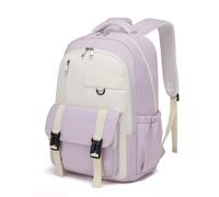 KONO Zaino Scuola per Bambini e Bambine, Leggero e Impermeabile, Con Doppia Fibbie e Tasca Frontale, Portapenne e Scomparto Imbottito per Laptop, Adatto a Scuola Elementare e Media - Viola/Beige