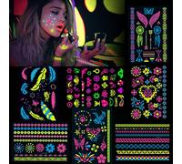 Konsait 7 grandi fogli tatuaggi temporanei neo, oltre 100 disegni luccicanti bagliore UV neon corpo viso tatuaggio adesivi flash finti impermeabili Tatuaggio Temporaneo per donne ragazze