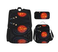 KoNsev 3 zaini per scuola prescolare da 40,6 cm con sistema solare della galassia dello spazio esterno e contenitore per il pranzo per bambini elementari, Nero , Taglia unica, Set di zaini per la