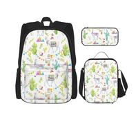 KoNsev Alpaca Llama Cactus bandiera montagna 3 pz zaini 40,6 cm scuola prescolare libreria e contenitore per il pranzo per bambini elementari, Nero , Taglia unica, Set di zaini per la scuola