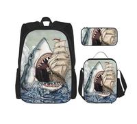 KoNsev Cartone animato Shark Mangiare Nave in Oceano Mare 3pcs Zaini 40,6 cm Scuola Prescolare Bookbag e Lunch Box per il Bambino Elementare, Nero , Taglia unica, Set di zaini per la scuola