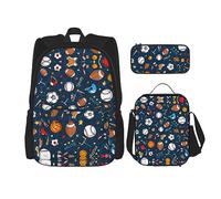 KoNsev Cool Liama - Set di 3 borse per la scuola elementare con stampa, borsa per il pranzo e astuccio, per la scuola elementare, Baseball Basket Calcio Hockey, Taglia unica