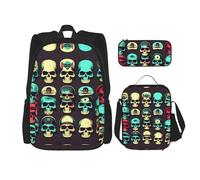 KoNsev Cool Retro Skull Head Graphics 3pcs Zaini 40,6 cm Scuola Prescolare Bookbag e Lunch Box per bambini elementari, Nero , Taglia unica, Set di zaini per la scuola
